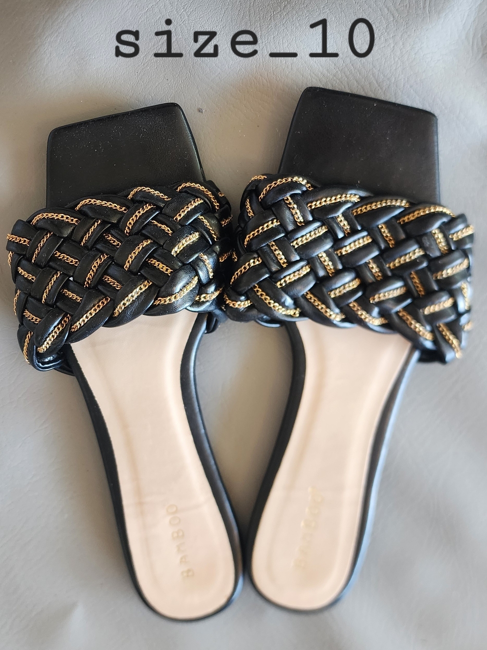 BAMBOO Black Braided Slide Sandals with Gold Chain Detail